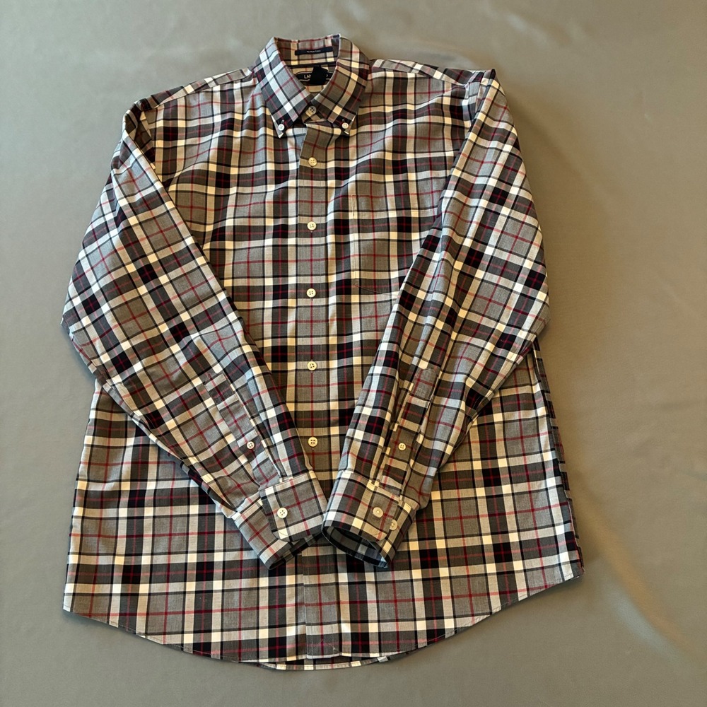 Lands End Mens Medium 15-15.5 No Iron Twill Plaid Button Down Shirt Grey Red